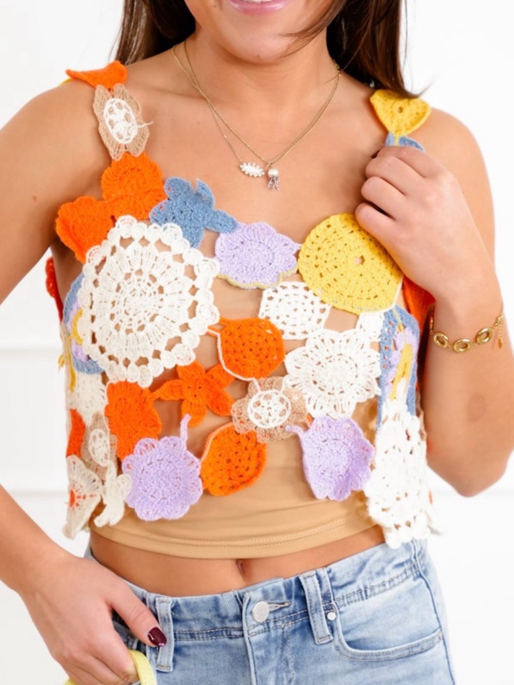 POL Crochet Floral Patchwork Camisole in Orange, Yellow, Lavender, White, Blue